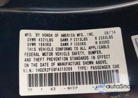 2015 Honda Accord Sport from USA, damaged, VIN 1HGCR2F58FA019269